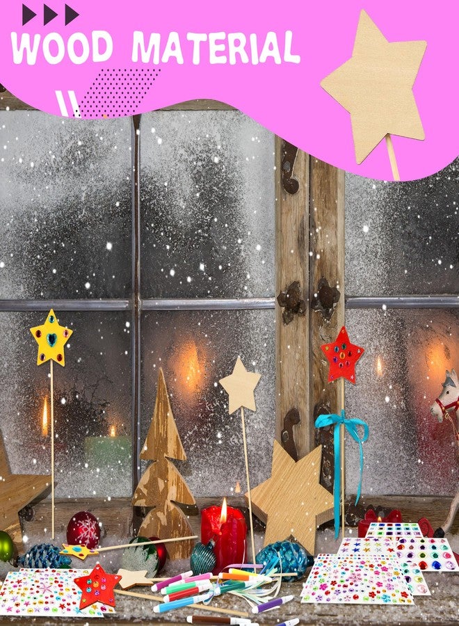 Feradny 72 Pcs Unfinished Star Princess Fairy Wands Kit Make Your Own Princess Wand DIY Art Craft Magical Wand Include 24 Star Wooden Fairy Wands 12 Gem Stickers 24 Ribbons 12 Markers for Kids Party Supplies - Image 4